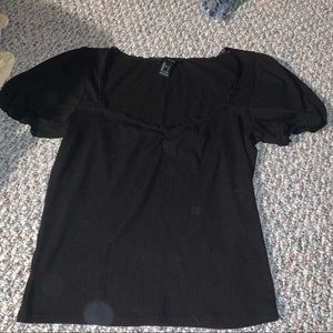 Black ribbed balconette style lace trim poof sleeve top